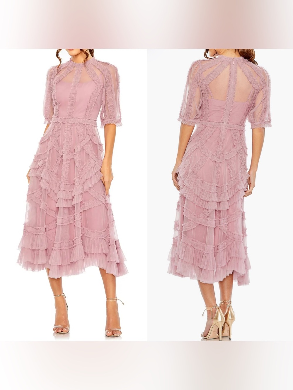 Mac Duggal 8058 Dress Size 8 High Neck Antique Rose Pink Ruffle Tulle Midi